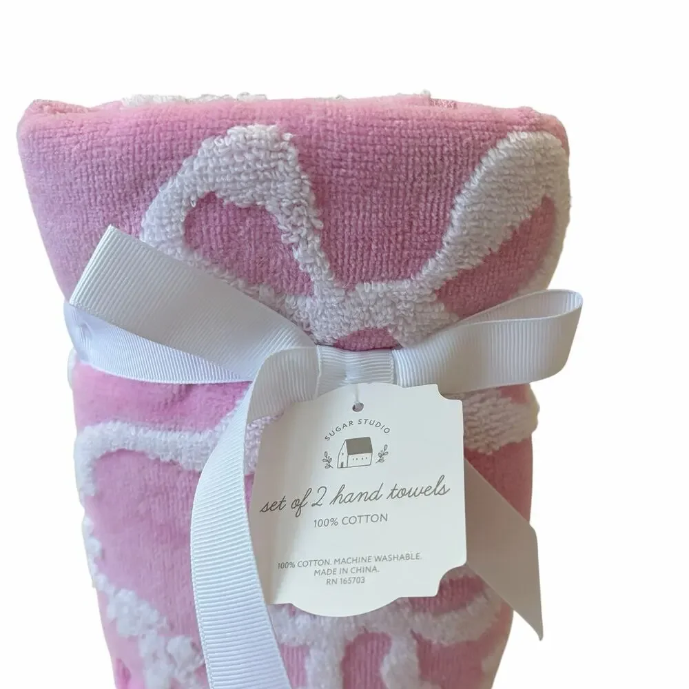 4pc Plush Pink & White BOW Towel Set - 2 Hand 2 Bath Cotton Chic Bath NEW